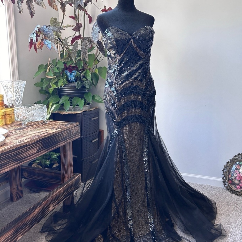 Jovani Strapless Black and Gold Sequin Dress